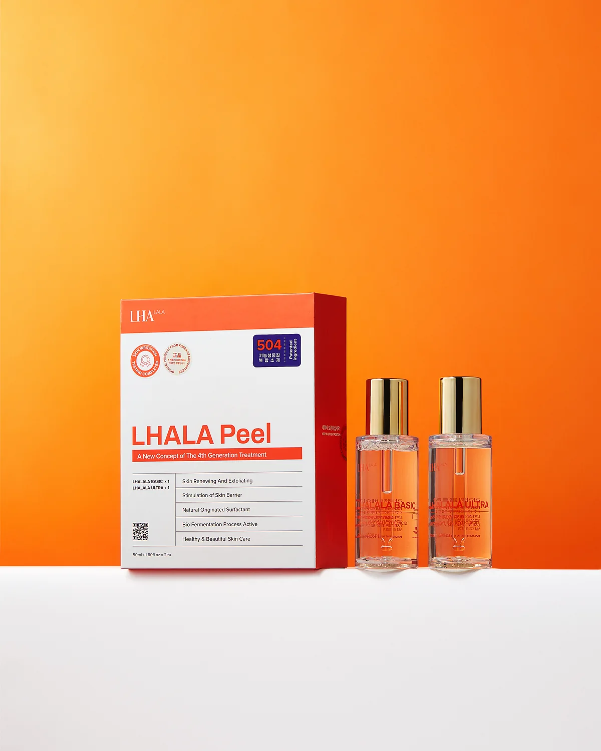 LHALA Peel box with the Basic and Ultra bottles, on the brand orange